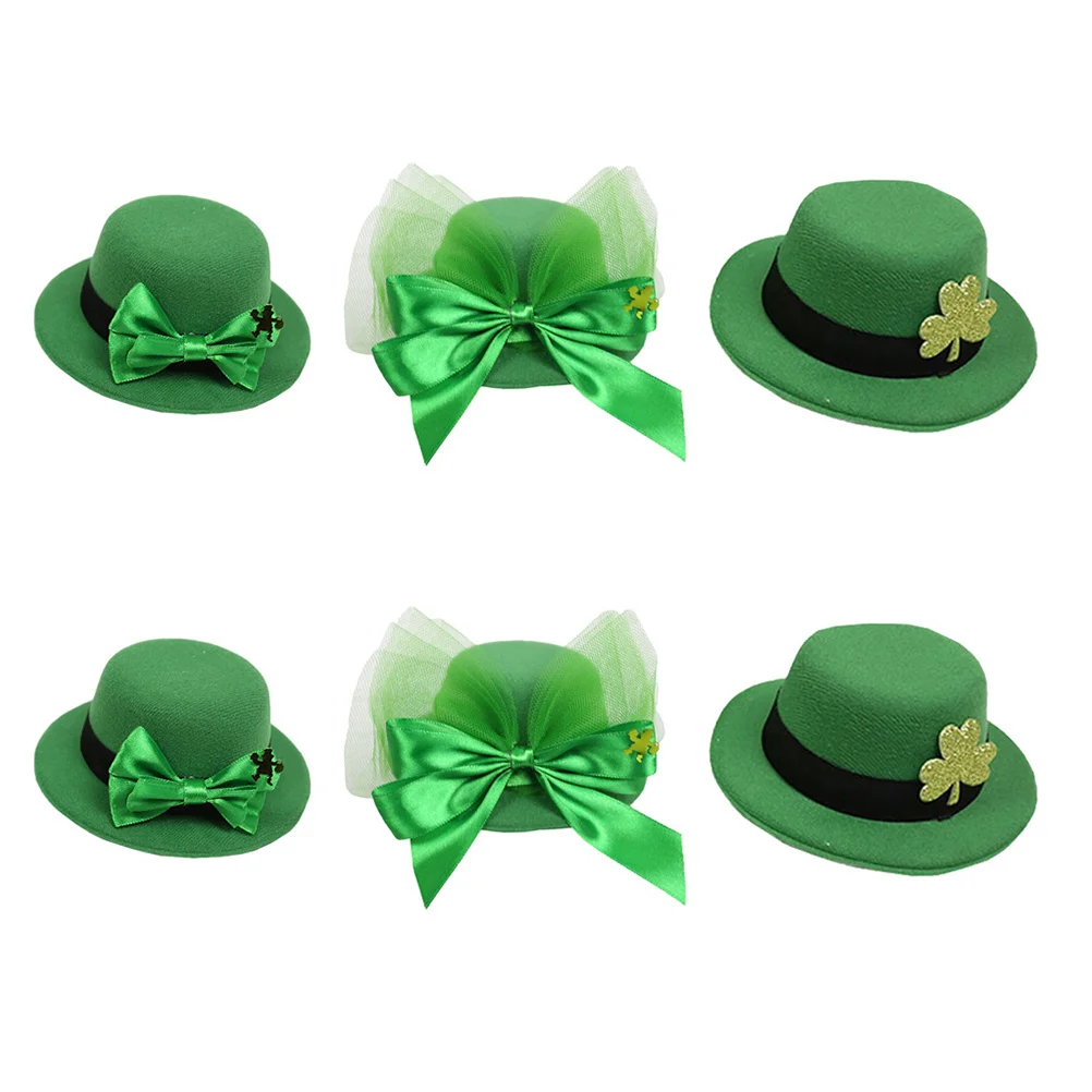 6 قطعة غطاء الرأس الأخضر عيد القديس باتريك دبابيس الشعر Leprechaun قبعة مقاطع النساء الدعائم الطرف عيد باتريك دبوس الشعر Bowknot قبعة دبوس الشعر