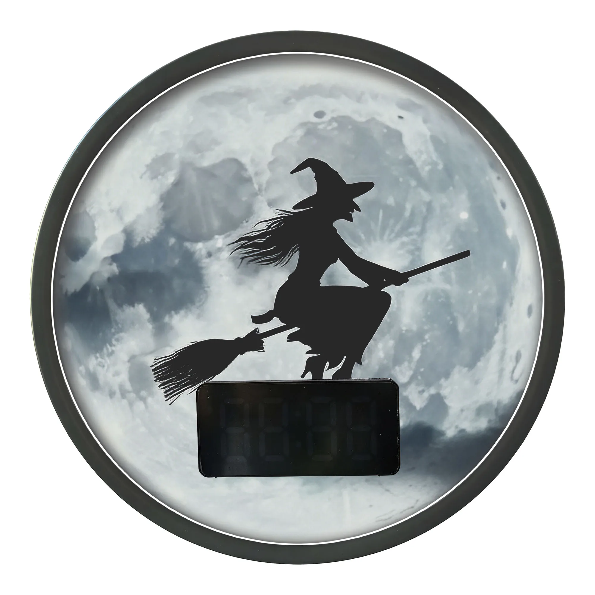 Flying Witch On Broom Moon LED Wall Clock with Temperature Calendar Date Alarm Snooze 12/24hr Halloween Home Decor Digital Clock