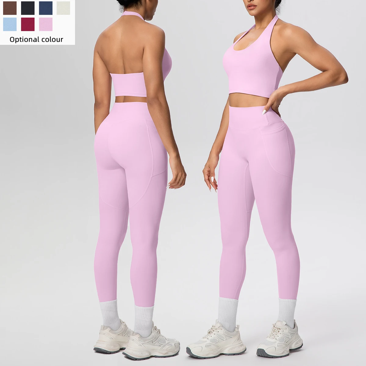 2-teiliges Damen-Yoga-Set, Fitnessstudio, Sport-Leggings, hohe Taille, pfirsichfarbene Gesäßtaschen, Yoga-Hosen, rückenfrei, hängender Hals-BH, Yoga-Anzug
