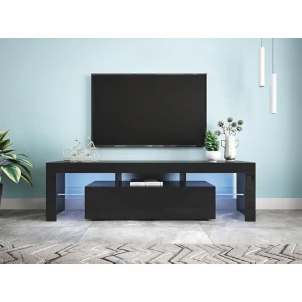 

LED TV Stand for Up 50 to 70 Inch, TVs Entertainment Center Table Stands with 2 Storage and 3 Open Shelves High Gloss, TV Stand