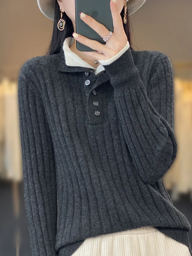 

Autumn Winter Turn-down Collar Women Sweaters 100% Wool Soft Pullover Fake Two Pieces Jumper Long Sleeve Casual Knitwear Korean