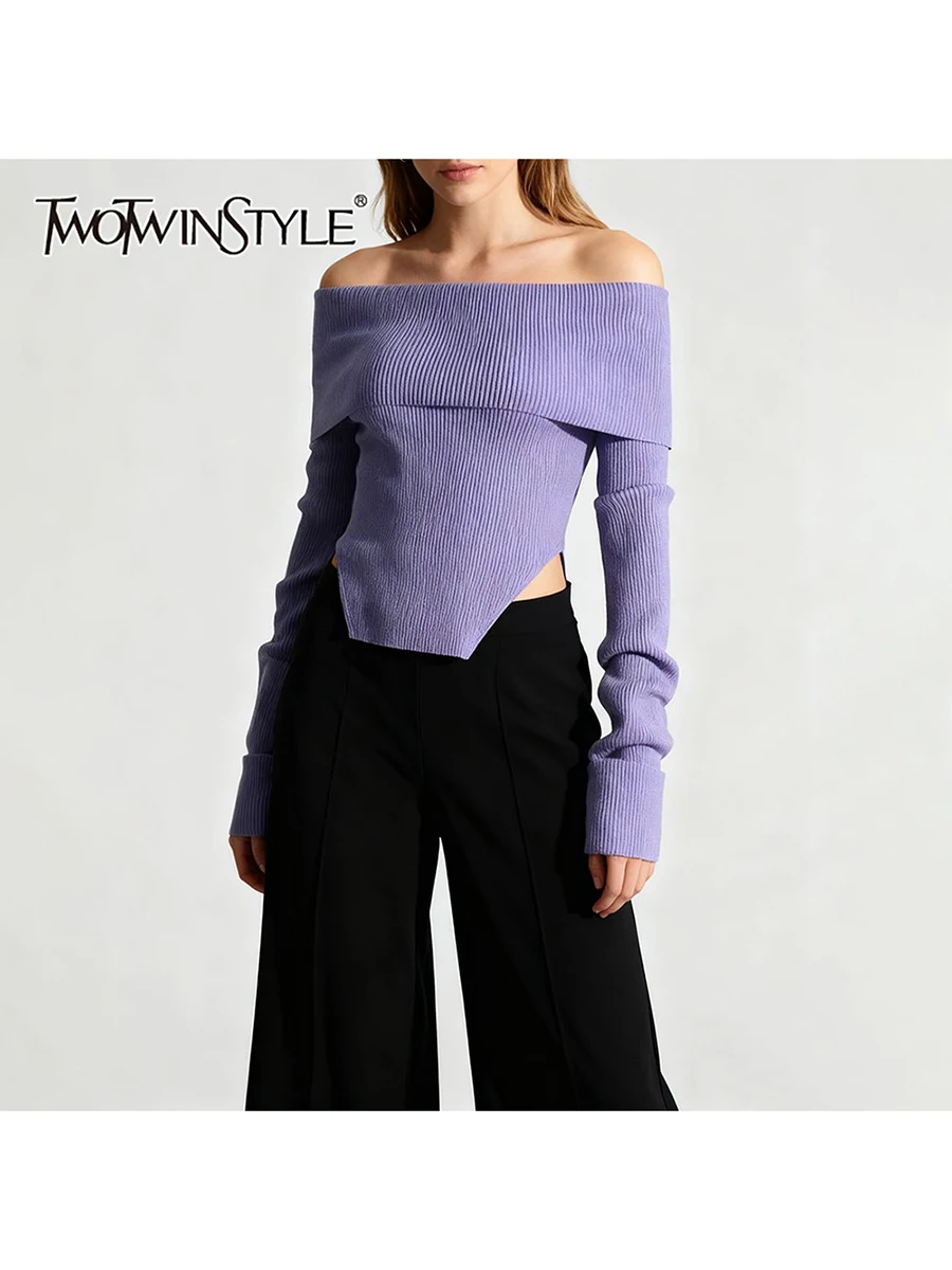 TWOTWINSTYL الصلبة التخسيس موضة البلوزات للنساء مائل الرقبة طويلة الأكمام سبليت عارية مردف الحد الأدنى سترة الإناث جديد #1