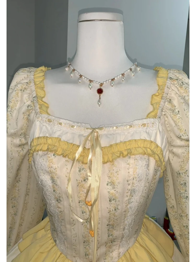 Retro doce floral gola quadrada malha impressão mini vestidos de linha a para senhora vestido de luxo saias princesa fada inchado em camadas saia