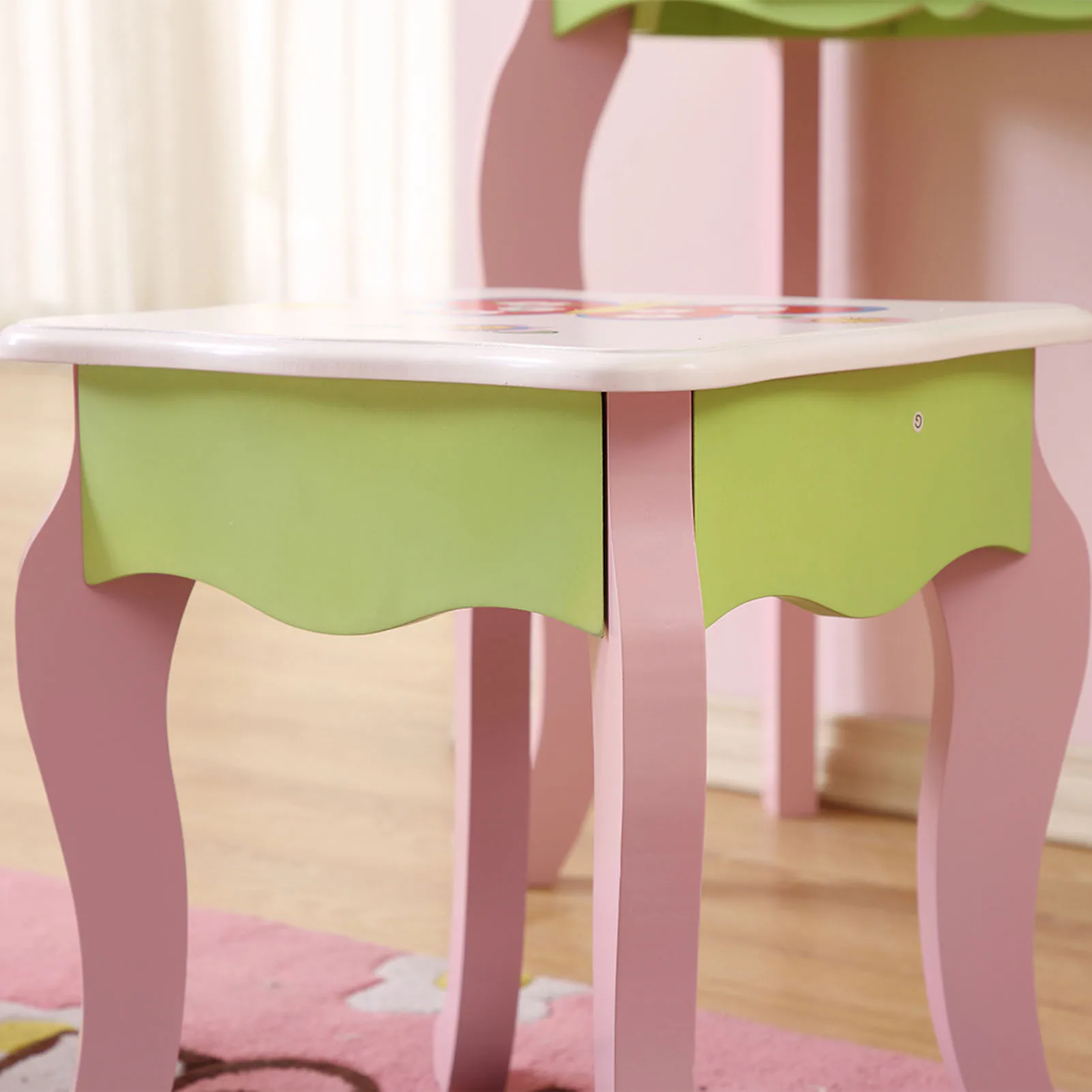 Toddler Girls Makeup Dressing Table Pretend Vanity Set Wooden Kids Vanity Set Makeup Table Chair Set with Mirror Drawer