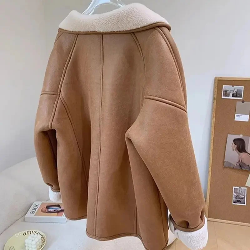 Retro Motorcycle 100% Wool Lamb Faux Leather Suede Fur Fur Jacket for Women New Loose Version Winter