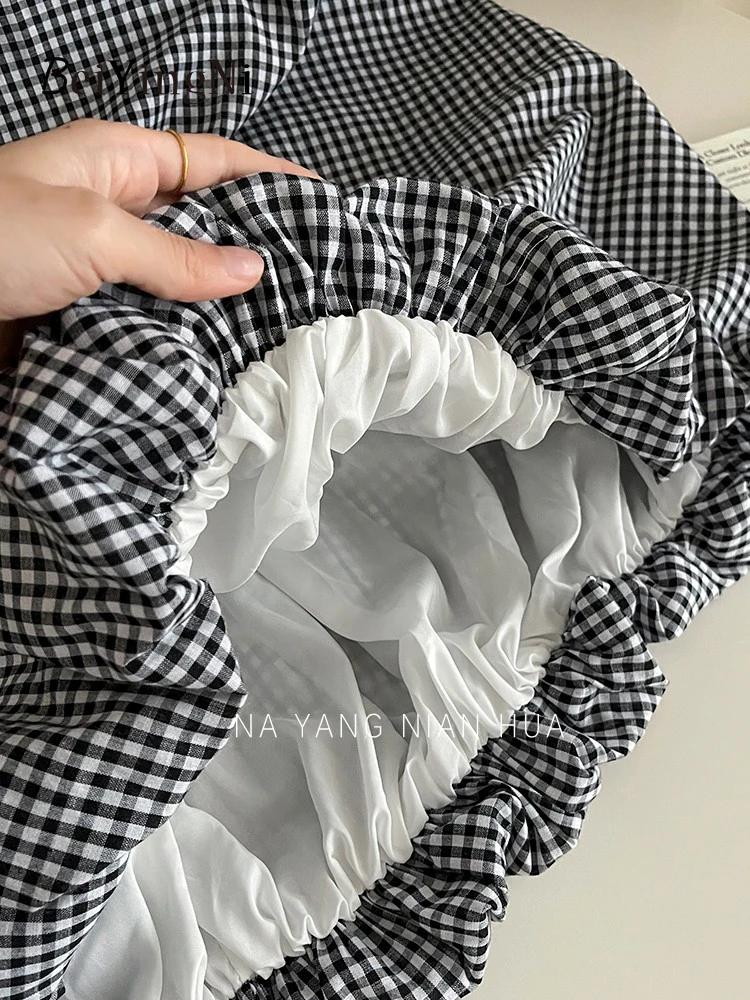 Beiyingni Japanese Style Women's Long Midi Bud Tutu Skirts Plaid Vintage High Street Summer Boho A-line Skirt Female White Jupes