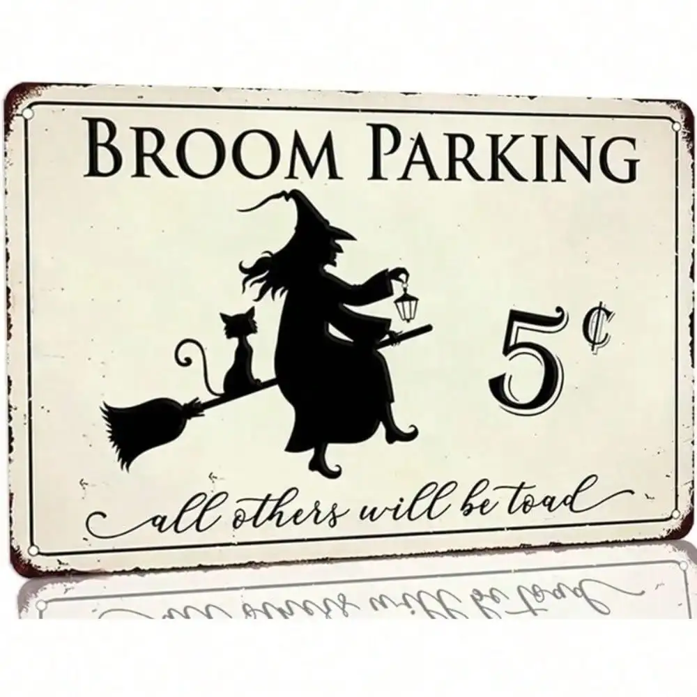 Funny 5 Cents Broom Parking Tin Sign - Vintage Witch Halloween Wall Decor for Bar Pub Cafe Home Porch