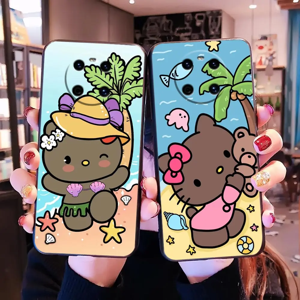 Beach Black Hello Kitty Phone Funda Case For HUAWEI P50 P40 P30 P20 P10 P9 P8 Plus MATE 30 20 20X 10 9 8 Pro TPU Case Capa Shell