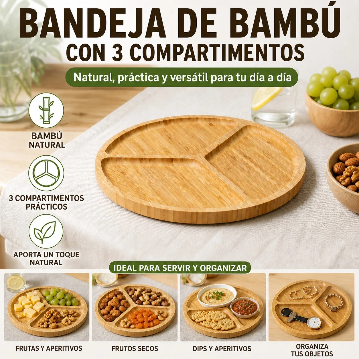 Plateau en bambou naturel à 3 compartiments pour apéritifs et fromages, assiette ronde divisée de 30 cm pour servir des noix, des fruits et des en-cas, planche en bois écologique multifonctionnelle