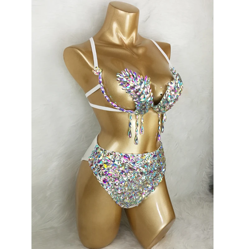 

2 Piece belly stage costume Sexy Samba Carnival Bra High Waist Pants AB Color Stone Hand Made hot girl dance show wear