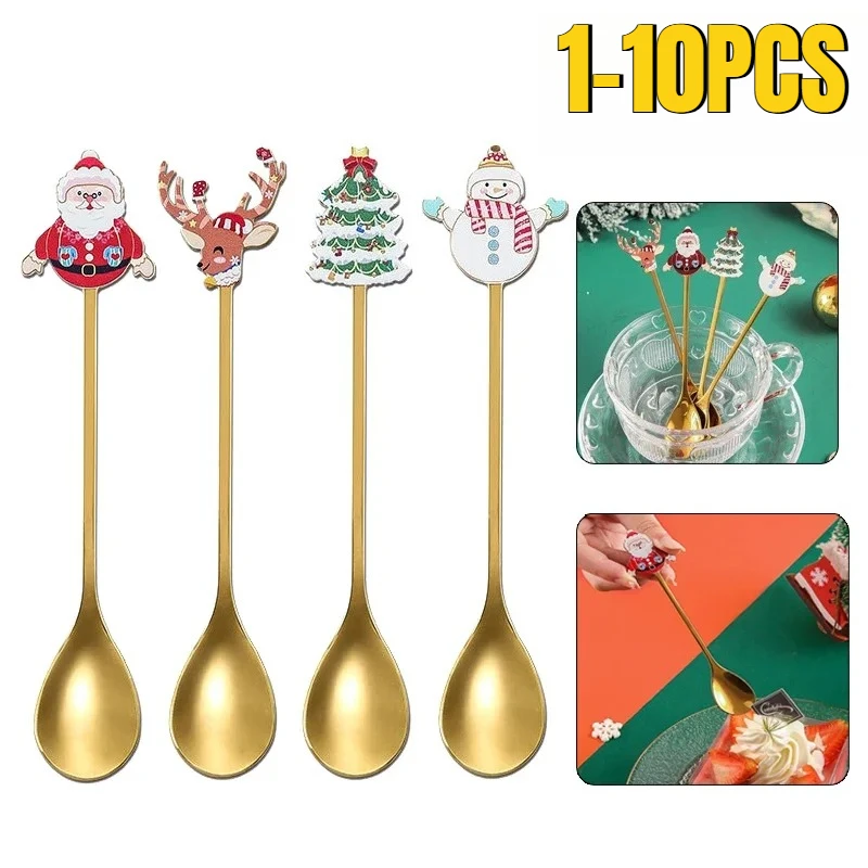 1-10PCS Christmas Santa Tree Spoon and Fork Set Stainless Steel Dessert Coffee Stirring Fruit Fork Gift Box Tableware Decor