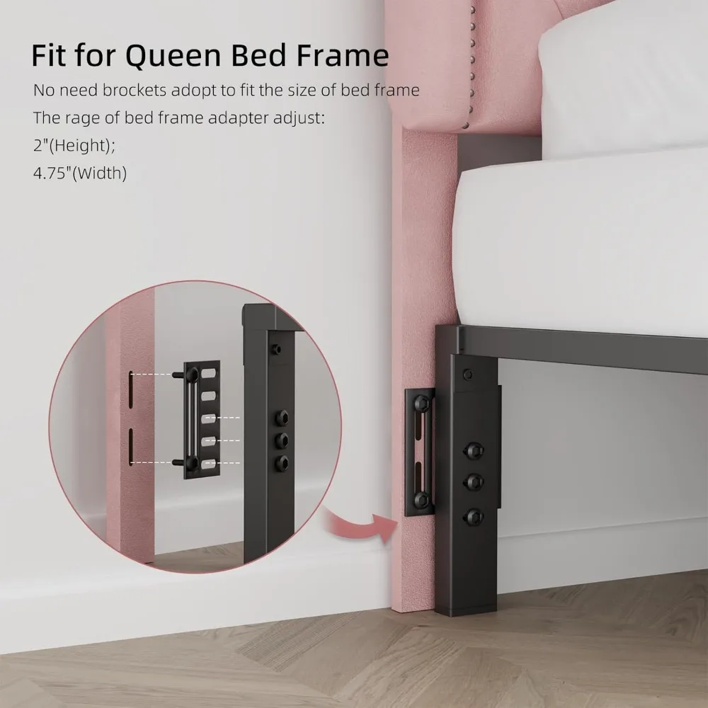 لوح رأسي منجد معنقدة بحجم كوين، ارتفاع قابل للتعديل، هيكل من الخشب الصلب، متين مع زخرفة رأس الأظافر، غرفة نوم أنيقة #6