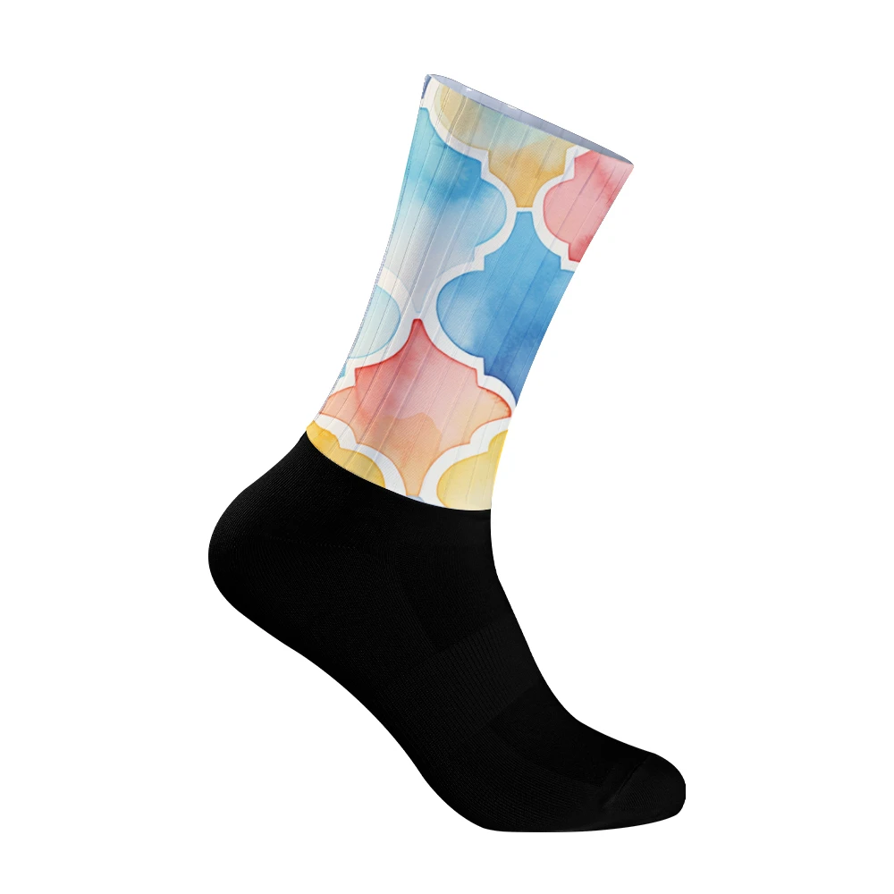 

Watercolor Cycling Socks - Gradient Geometric Print Pink/Blue/Yellow Breathable Bike Socks for Men & Women