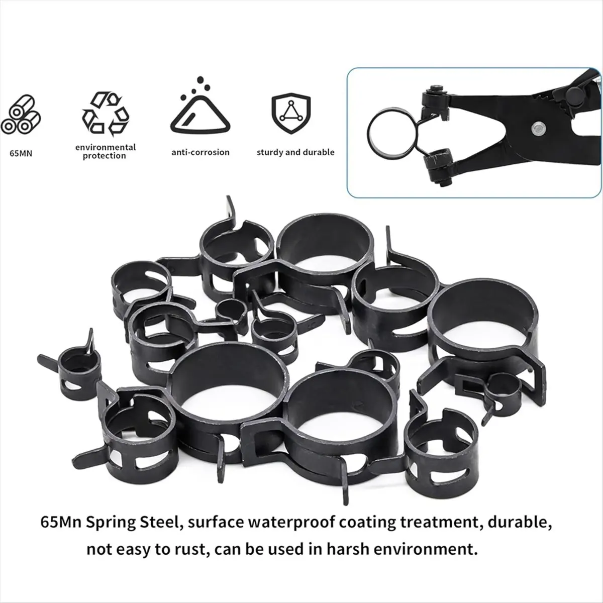*N21R 130Pcs 6-25mm Spring Band Hose Clamps with Swivel Hose Clamp Plier Assortment Kit,Constant Tension Hose Clamp Fuel Line