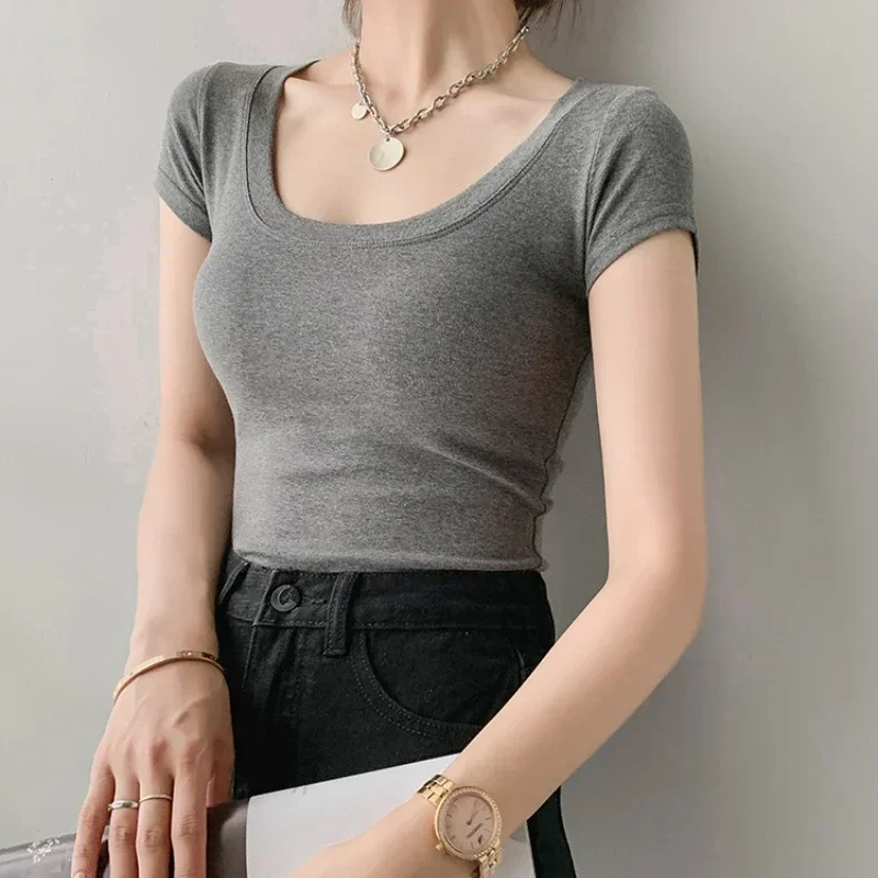 Female O-Neck Knitted Sheath Tee Shirt 2026 Short Sleeve T-shirt Woman Clothing Slim Fit Tops Street Wear Sex Sporty Y2K New