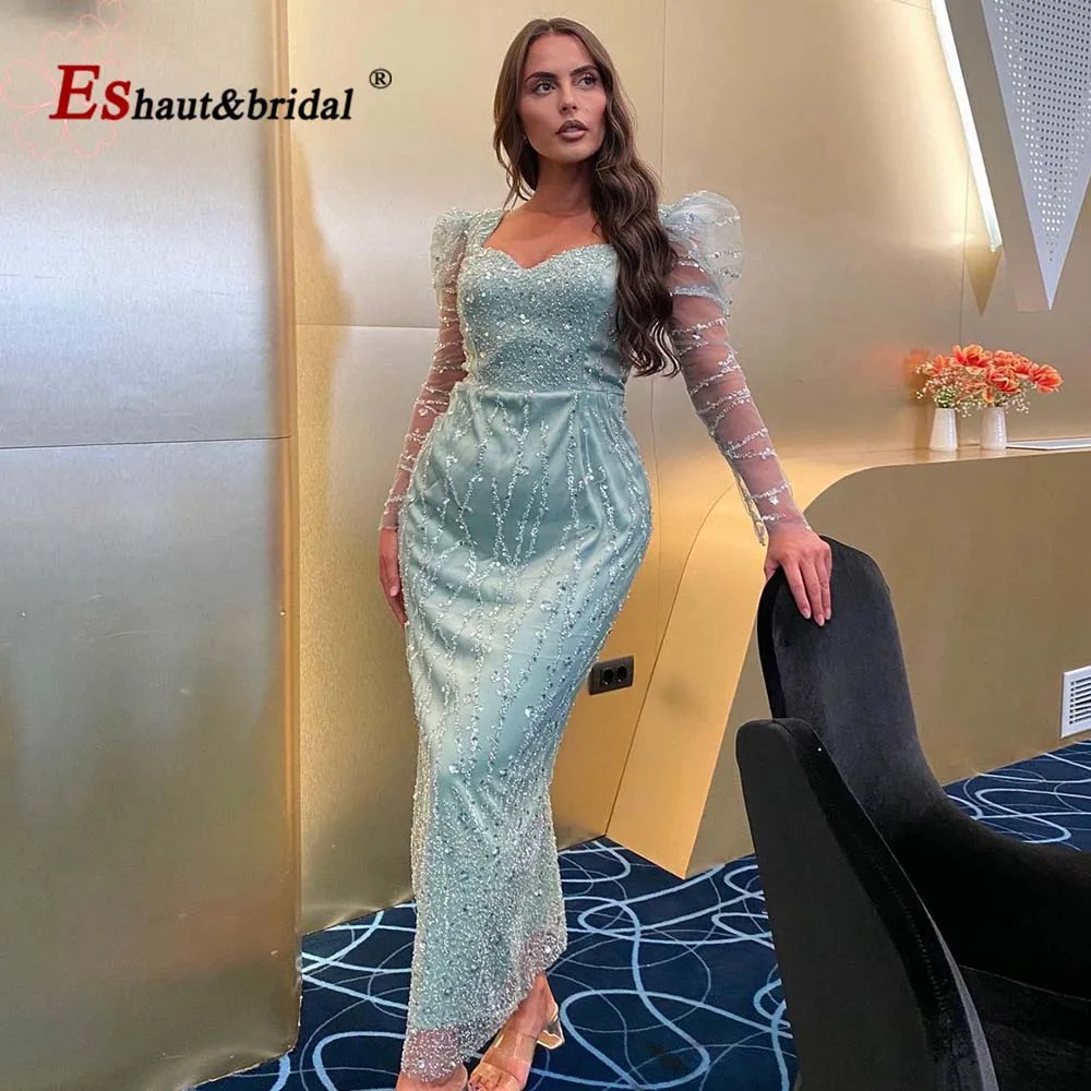 Elegant Mermaid Beads Midi Evening Dress for Women 2023 Long Sleeves Sweetheart Ankle Length Formal Prom Wedding Party Gowns