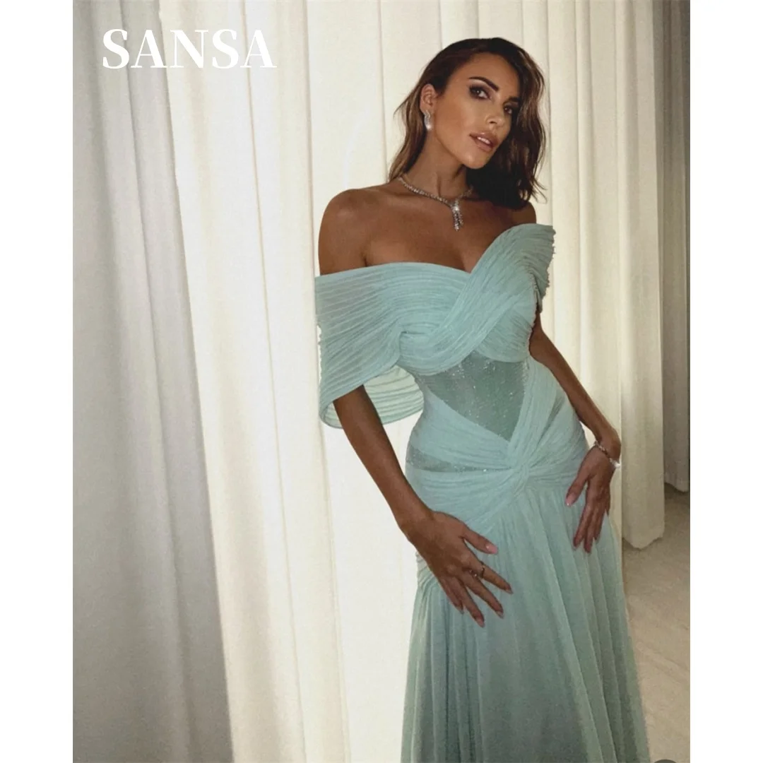 Sansa Customized Mint Green Prom Dresses Off Shoulder Tulle A-Line Vestidos De Noche Flowy Long Gown Hem Formal Evening 2026