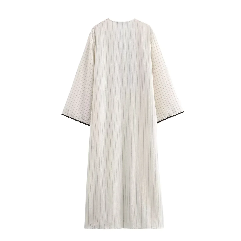 BM&MD&ZA 2024 summer women\'s new simple high-end fashion loose casual long-sleeved V-neck slit striped dress