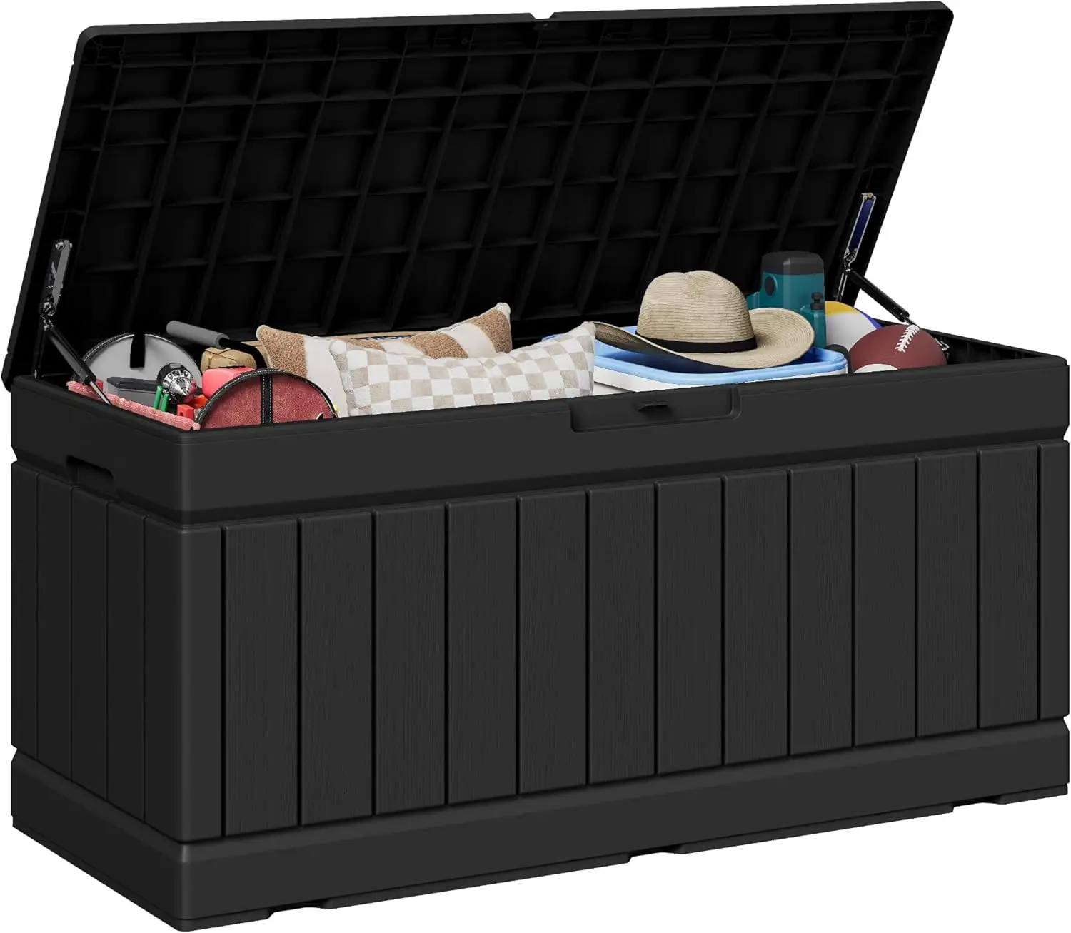 

Ящик для хранения на открытом воздухе объемом 78 галлонов с замком, имитация дерева, для садовой мебели и инструментов