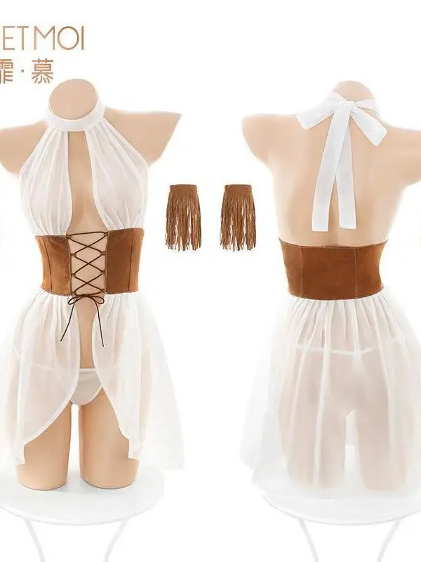 2023 New Fashion Charm White Elegant Mature Girl Front Open Strap Set Lingerie Ancient Style Sexy Uniform Temptation Dress AXCF