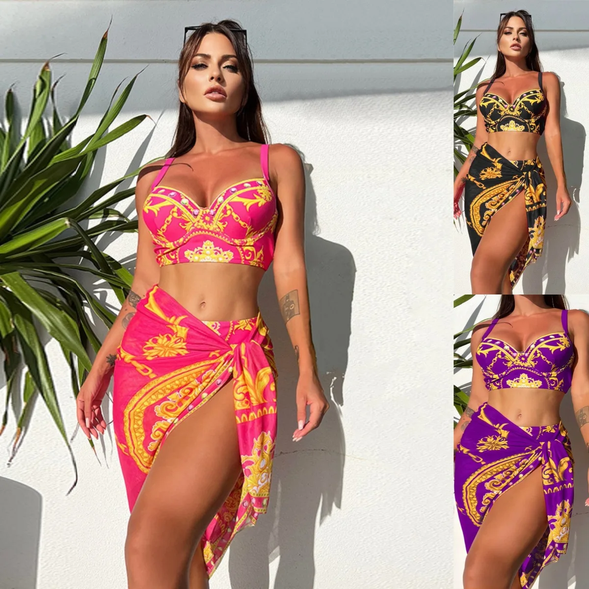

2025 new European and American swimsuit retro printing sexy bikini mesh lace-up three-piece swimsuit