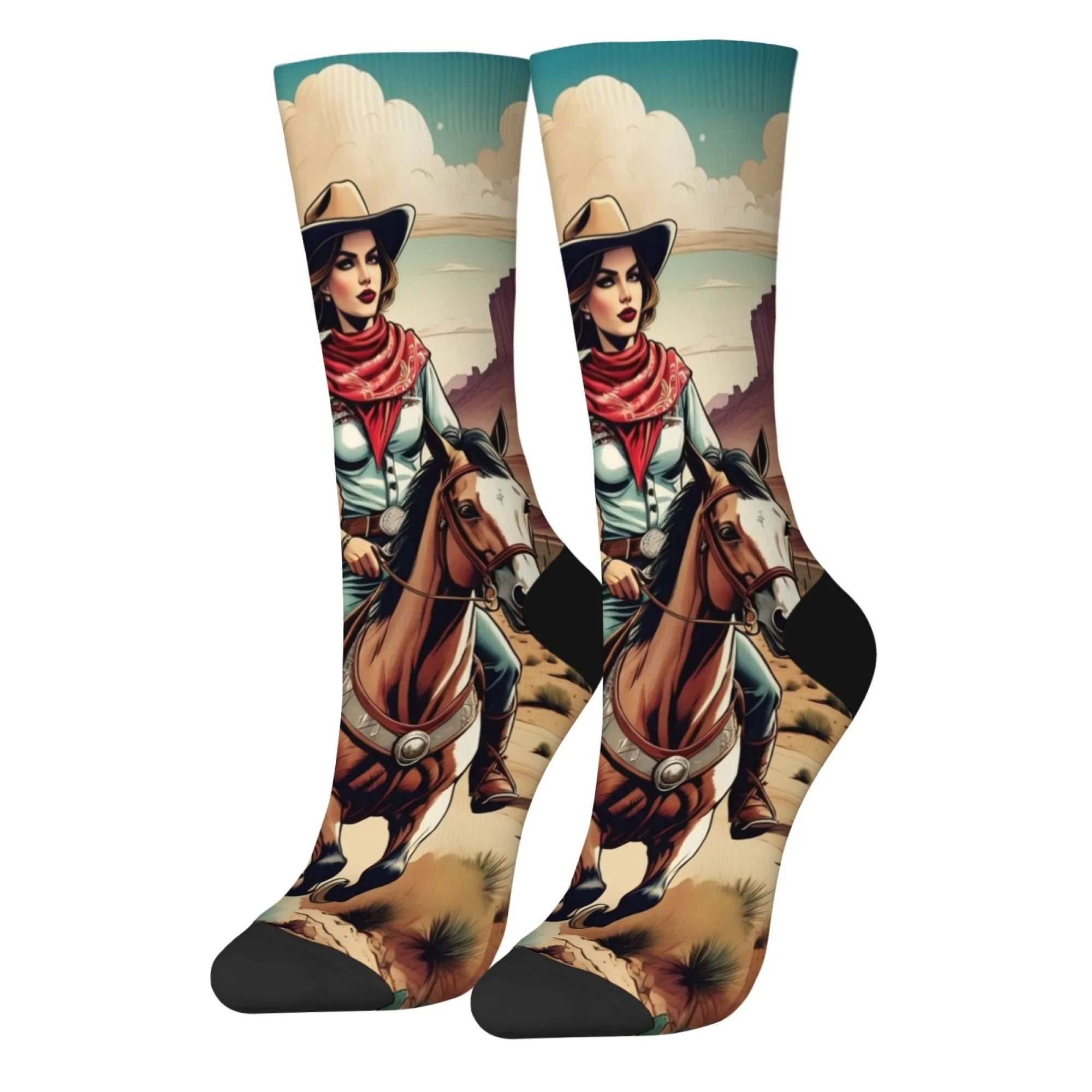Western Desert Cowgirl Socken Neuheit Lustige Kompressionssocken Harajuku Retro Comic Style Unisex Hip Hop Trend Socken Urlaubsgeschenk