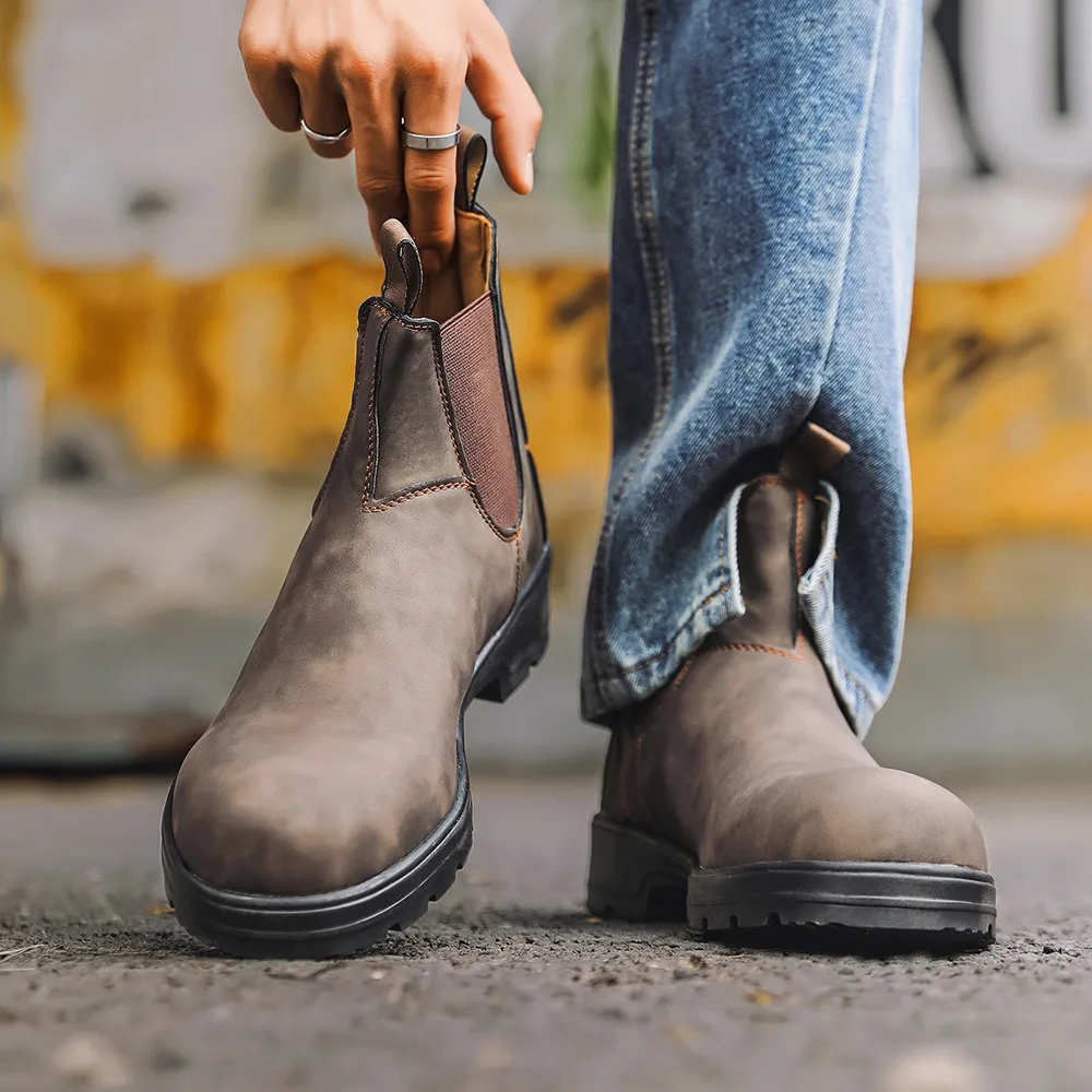 Botas de tornozelo de couro retro homens chelsea bota casual sapatos de plataforma homem 2025 primavera inverno deslizamento em casais botas artesanais botines