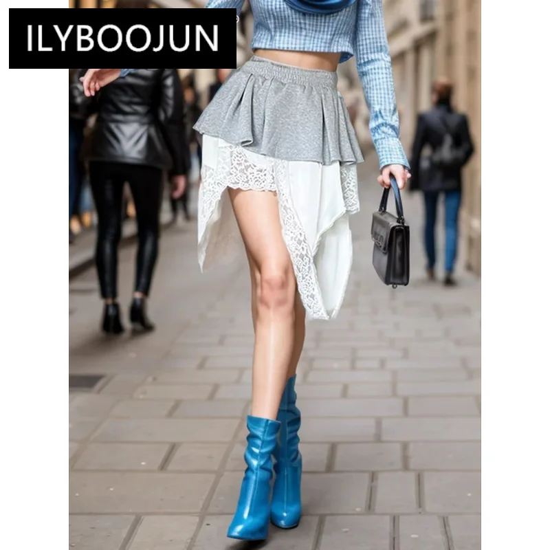 

ILYBOOJUN Colorblock Spliced Lace Up Skirts For Women High Waist Patchwork Folds Irregular Drsigner Skirt Female Fashion New