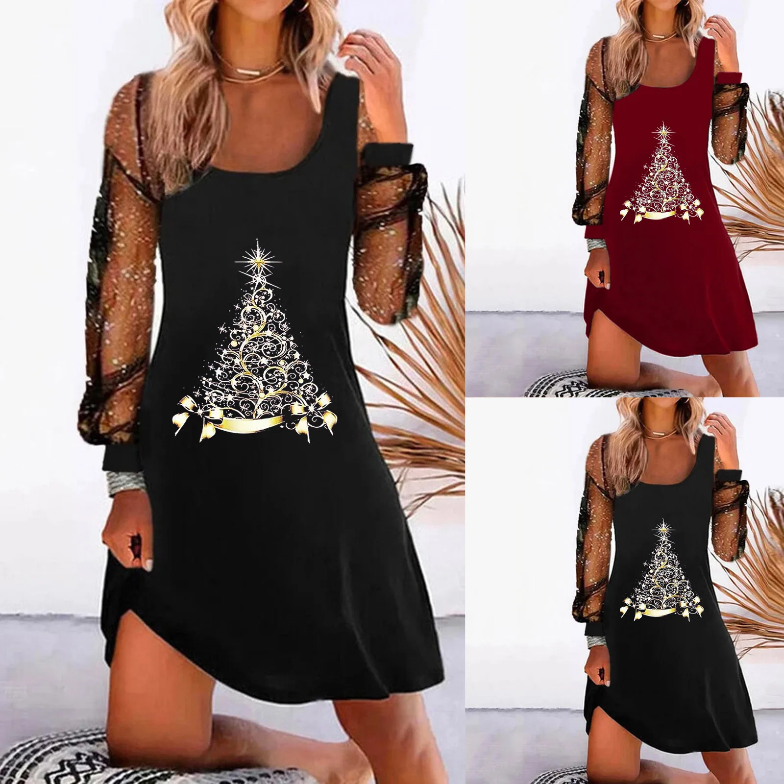 2024 Christmas Tree Fashion Print Mesh Stitching Dress for Women Dress Women Female Clothing Fashion Elegant Evening Party Dress