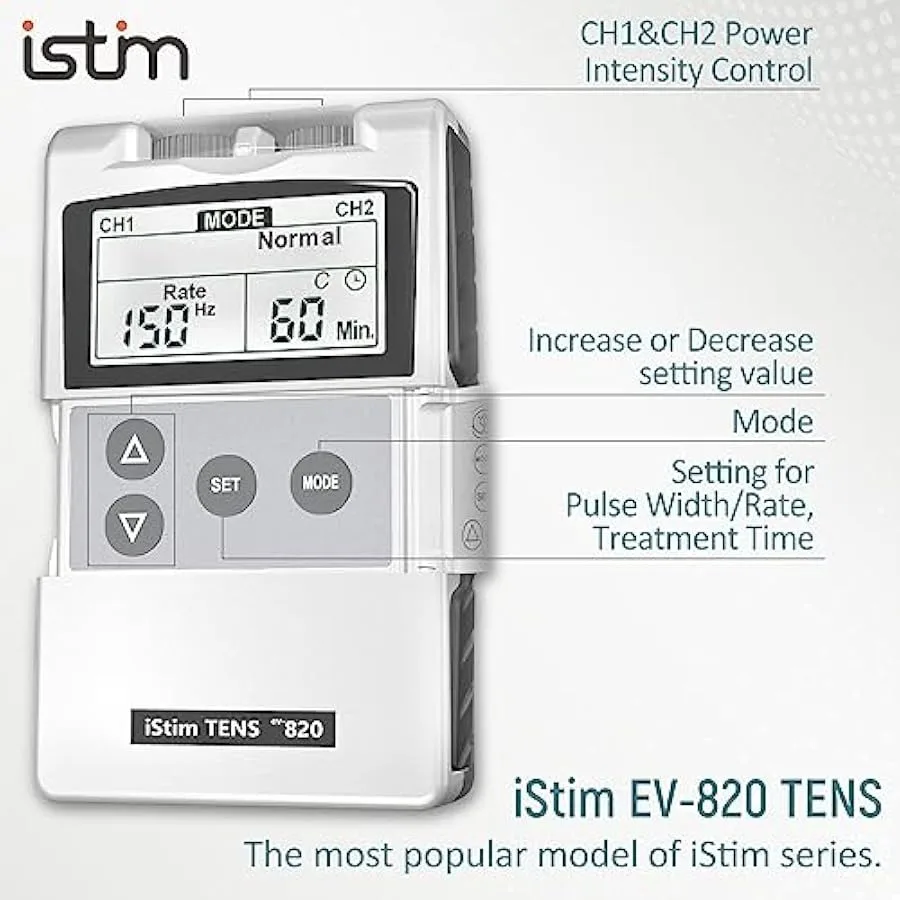 iStim Tens 유닛 자극기 - EV820 (8개 전극 포함) 일본산 젤, 통증 관리, 허리 통증 및 재활용