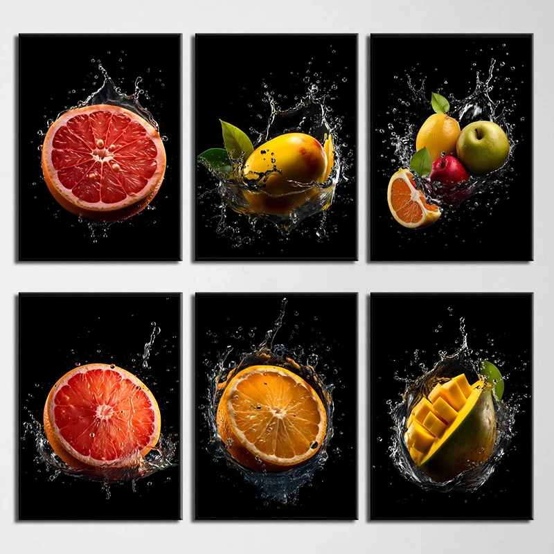 Lemon Orange Mango Grapes Pear Fruits Water Splash Posters Prints Canvas Painting Wall Art Picture for Kitchen Living Home De