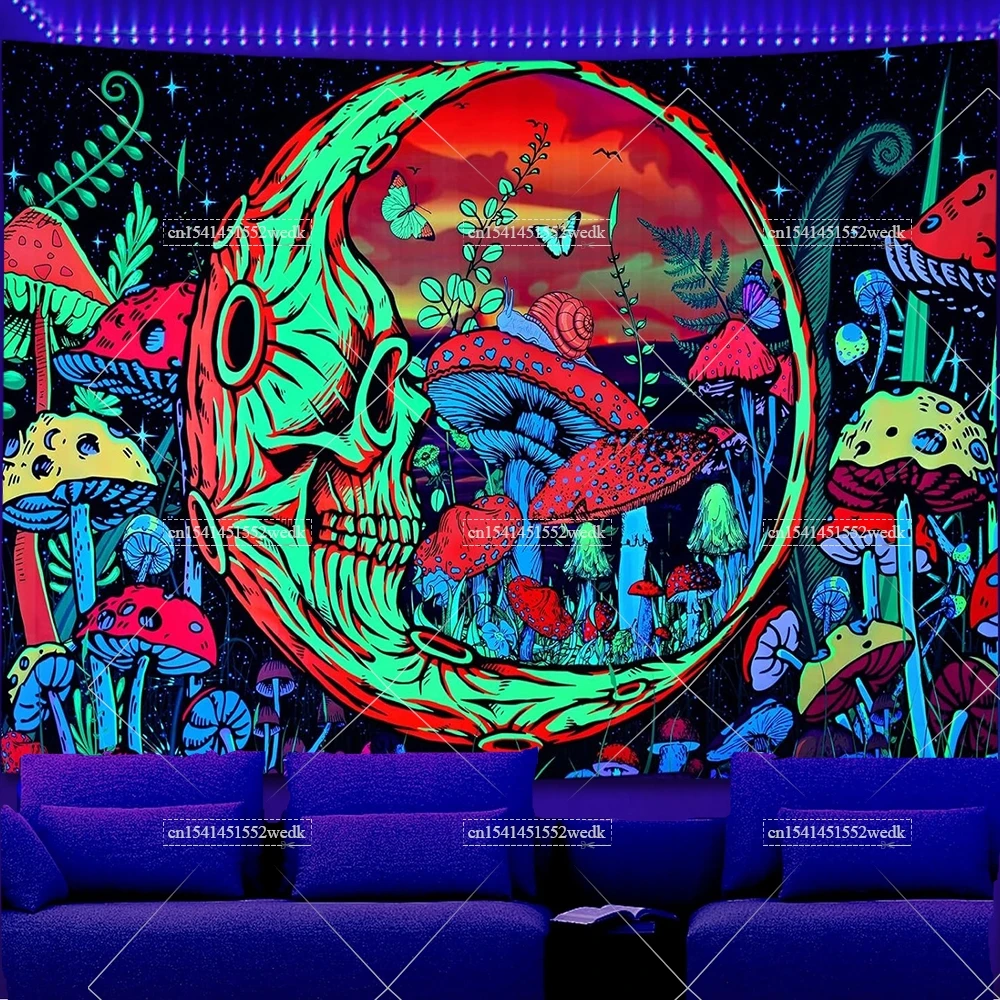 Blacklight Skull Moon Tapestry UV Reactive Mushroom Tapestries Neon Galaxy Planet Tapestry Black Light Glow In The Dark Tapestry