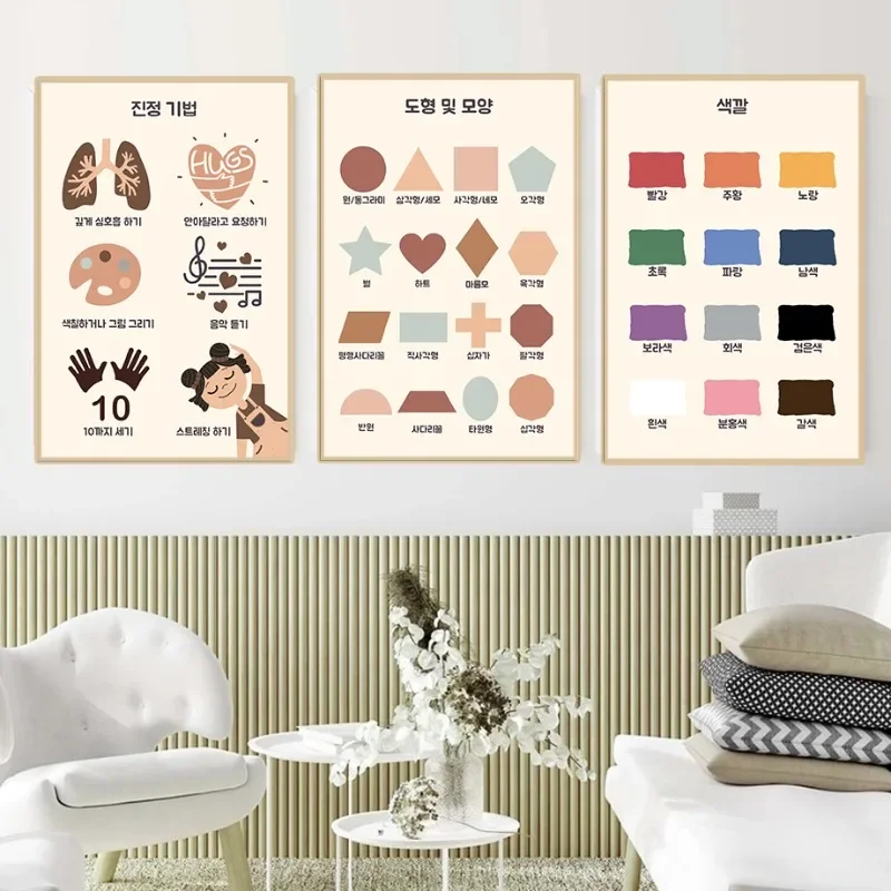 Korea Toddlers Educational Poster Korean Abc Alphabet Learning Hangul Canvas Painting for Kindergarten Preschool Wall Home De