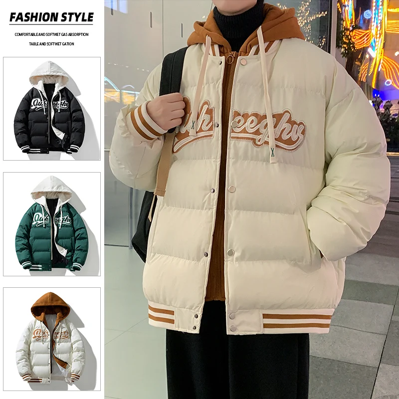 Puffer Jacket Men Fashion Harajuku Fake 2 Pieces Embroidered Warm Windproof Parka Male Preppy Thickened Jacket Winter New 2024