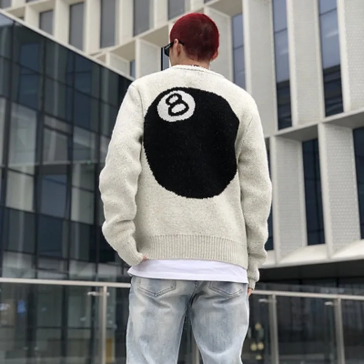 Jersey holgado de punto para hombre, jersey de billar negro, 8 pelusas, Hip-hop, calle, Otoño e Invierno