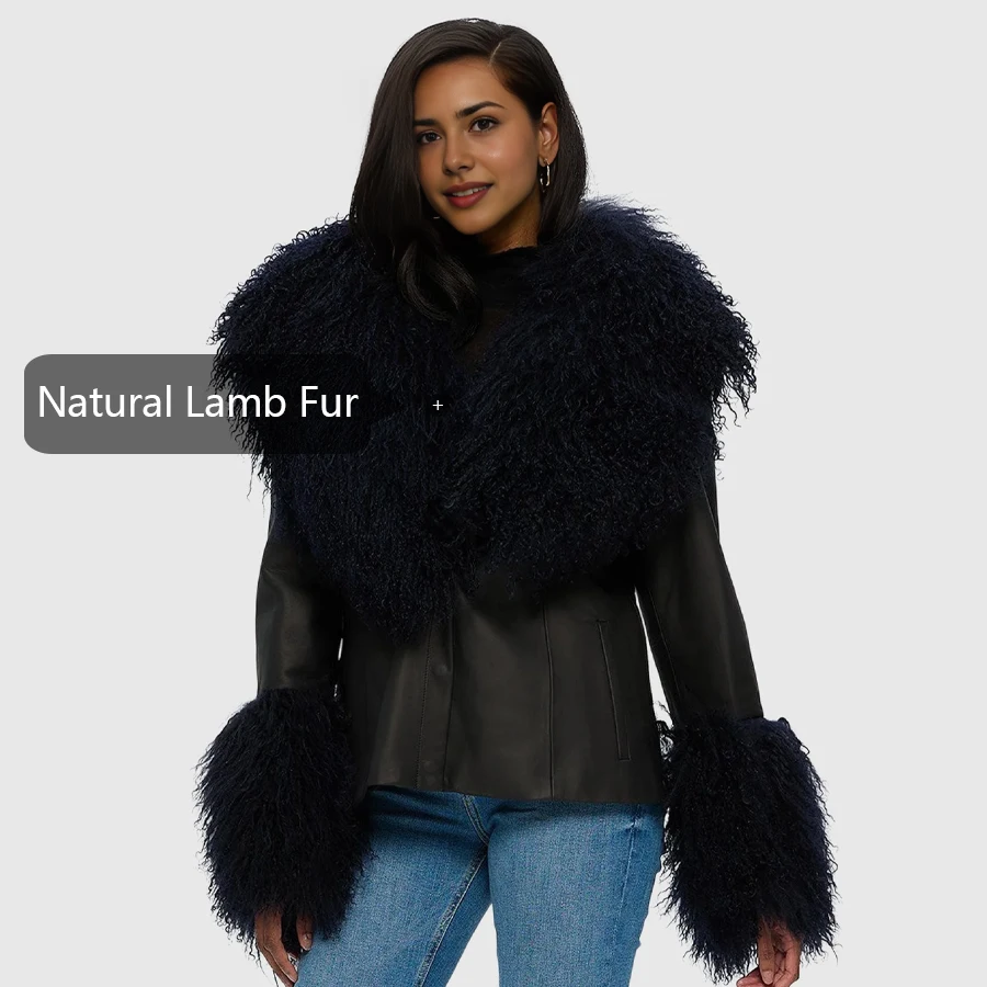 التبتية فرو الضأن طوق الأصفاد الأسود المنغولية صوف الضأن طوق سوار مجموعة فاخرة النساء الشتاء اكسسوارات وشاح الفراء الحقيقي