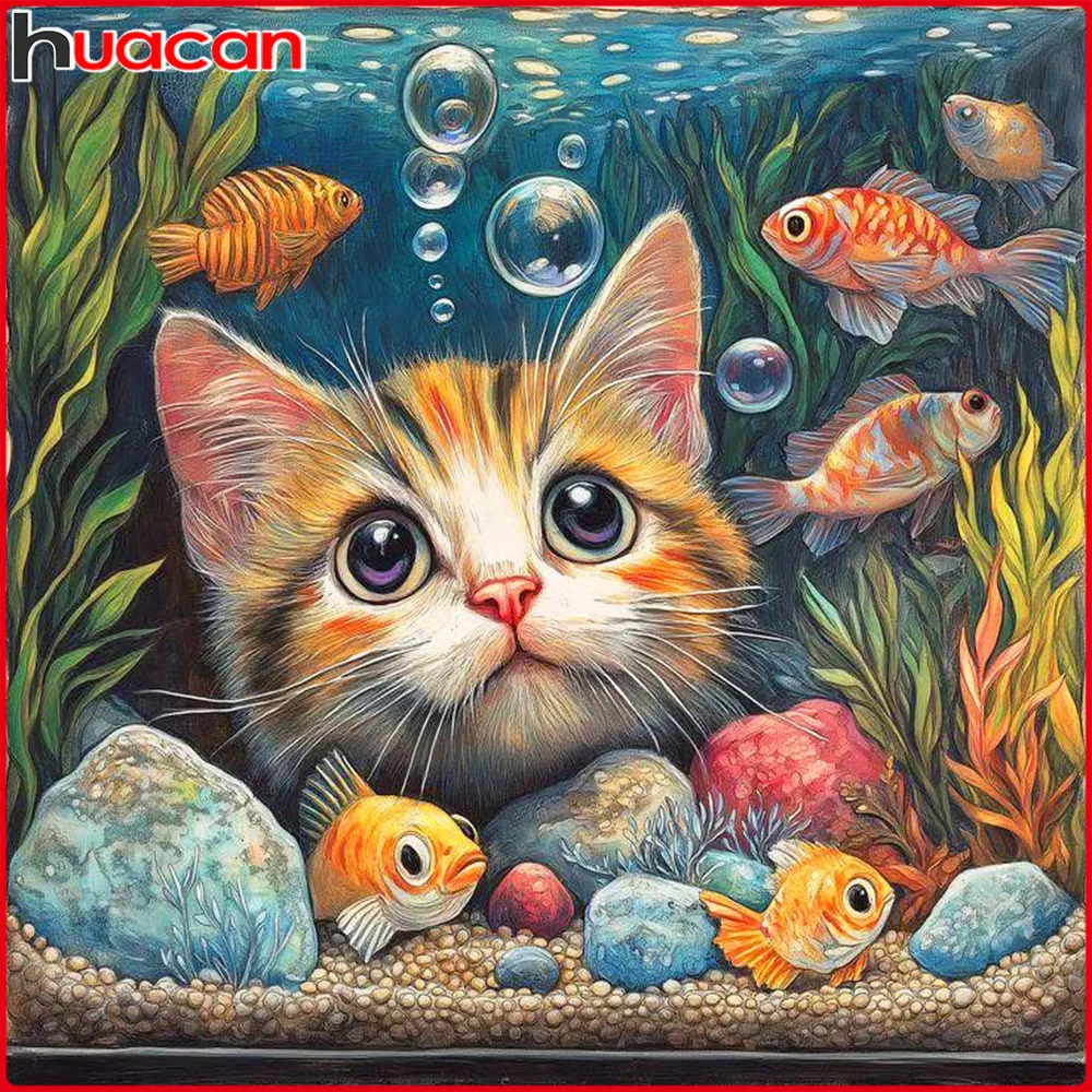 Huacan Vollquadrat-Rundbohrer Diamantmalerei Katze Fisch Diamant-Mosaik Tier Neu 2026 Dekorative Gemälde