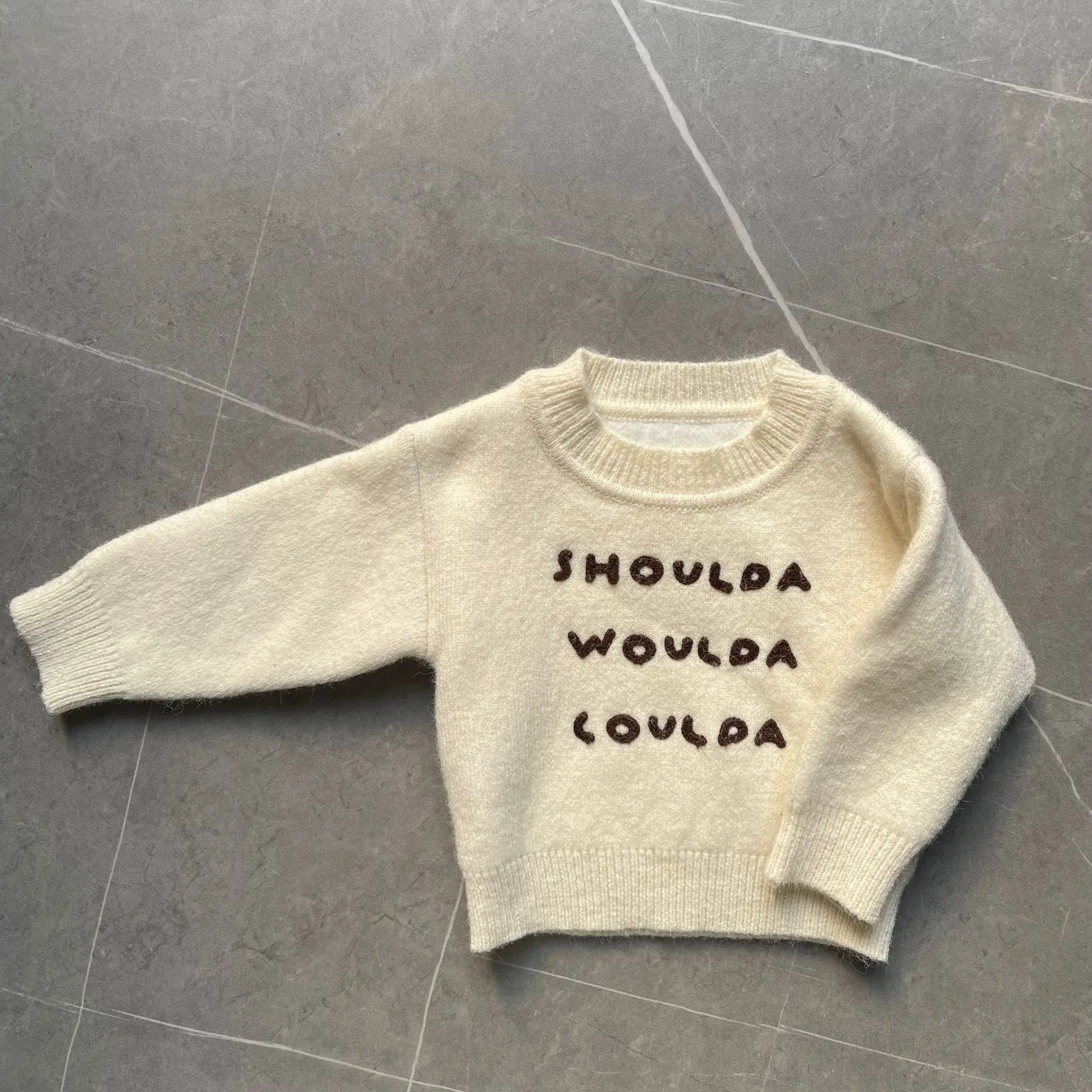 2024 Winter New Baby Long Sleeve Knit Sweater Letter Print Infant Girl Warm Fleece Sweater Plus Velvet Thick Toddler Knit Tops