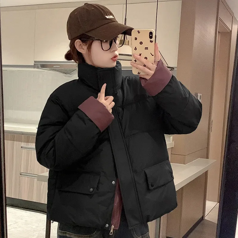 Winter Unten Mantel Frauen Parkas 2025, Neue Warme Baumwolle Gefütterte Jacke Brot Outwear Mode Kurze Stehkragen Mantel Weibliche Tops