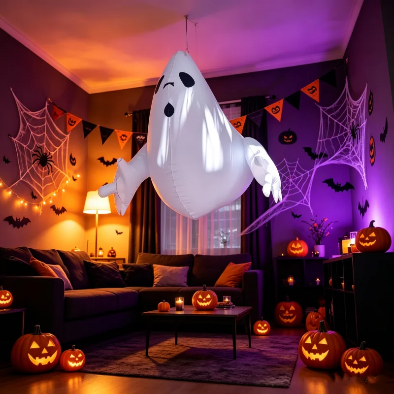 LUSQI Halloween stehend aufblasbarer gruseliger aufblasbarer Kürbisgeist, winddichtes Festival-Thema, für drinnen und draußen, Gartendekoration – Detail 12