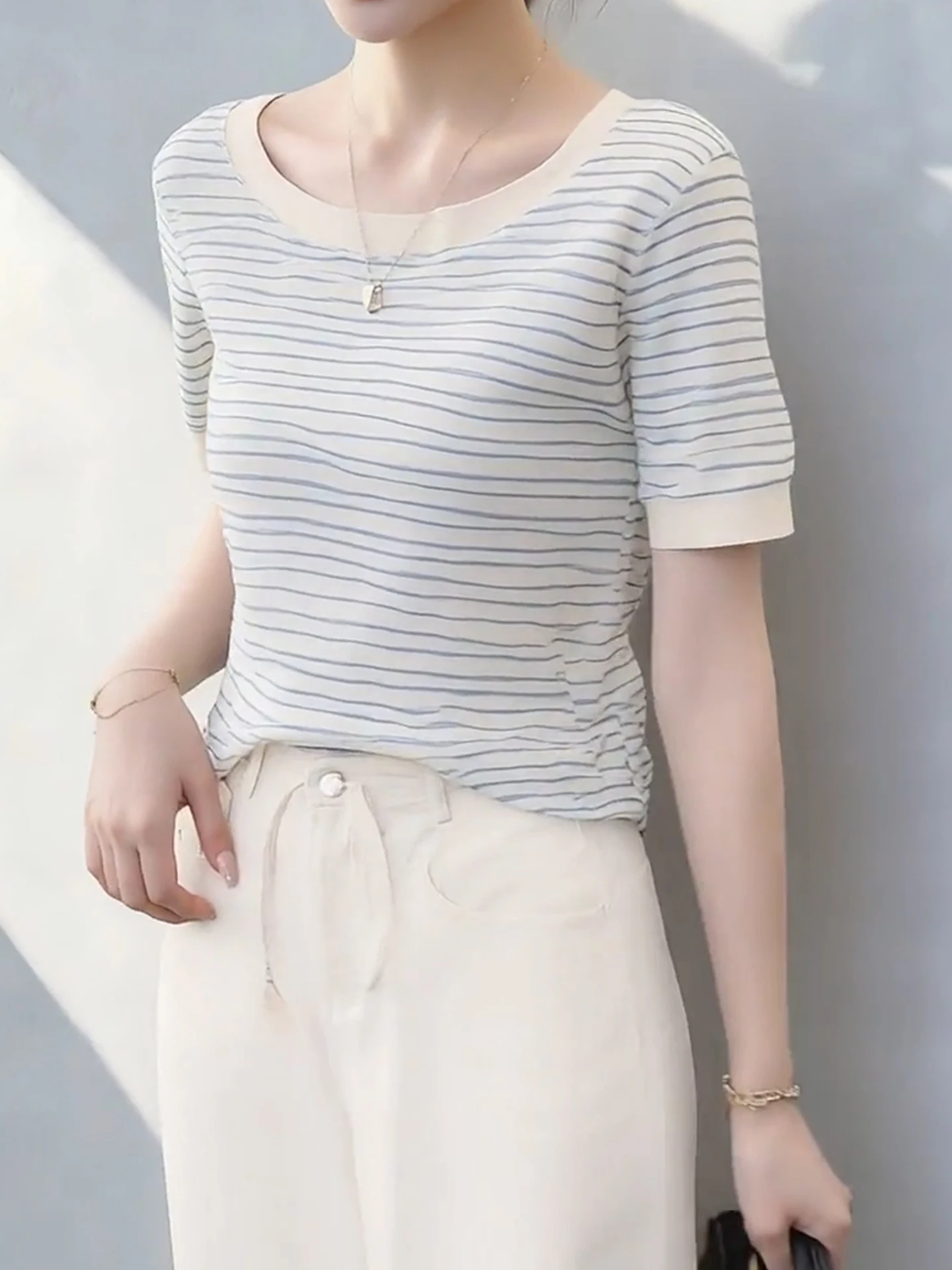 Casual Versatile  Color Striped Crew Neck Short Sleeve T-Shirt Spring Design Breathable Fashionable Base Layer Shirt