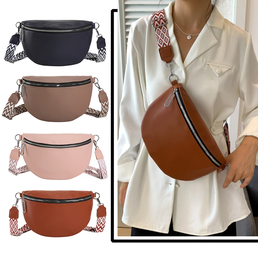 PU Leather Wide Strap Crossbody Chest Bag Adjustable Shoulder Straps Shoulder Bag Zip for Party Festival Sports Bolso Fanny Pack