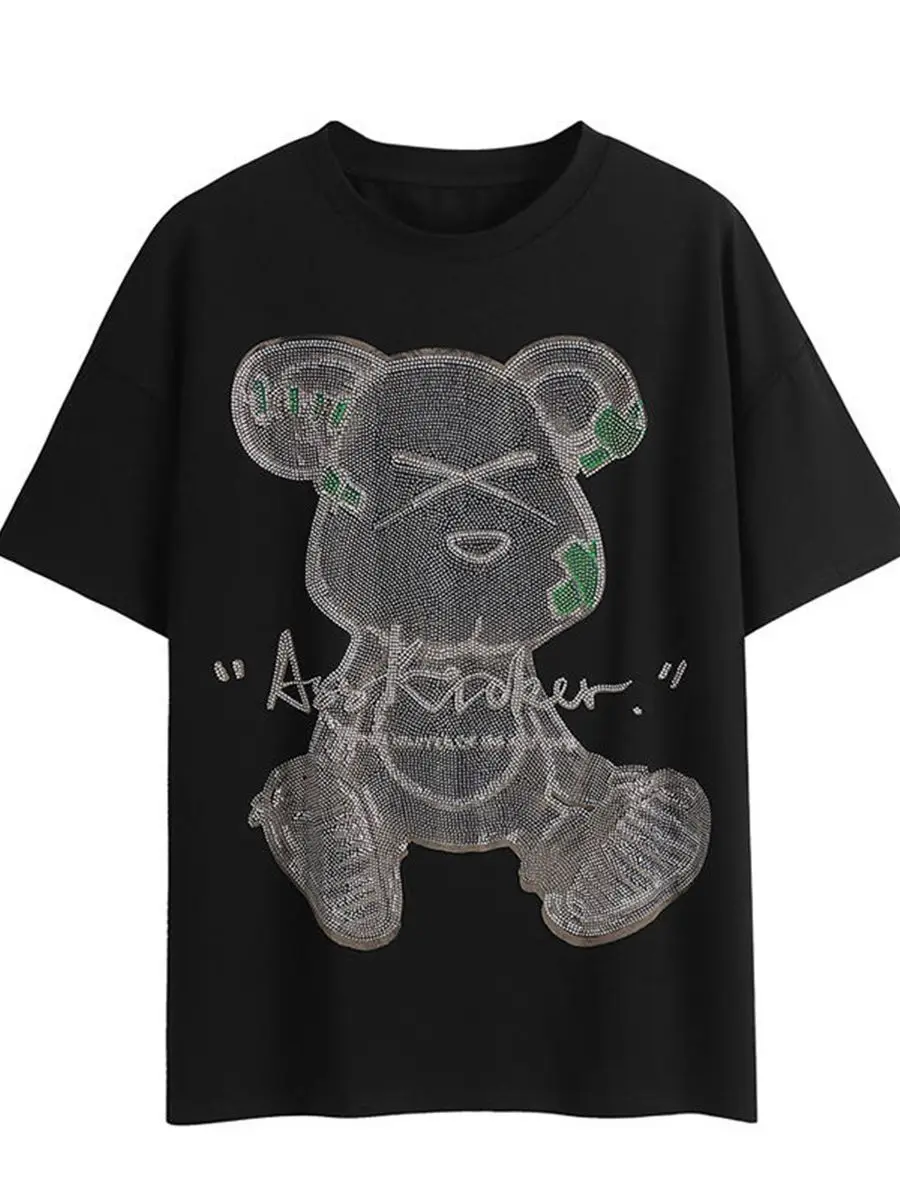 4XL Diamonds Bear Print Tshirt Streetwear Loose Summer Cotton T Shirt Women Harajuku Punk Short Sleeve Tops Tee Hip Hop Tshirts