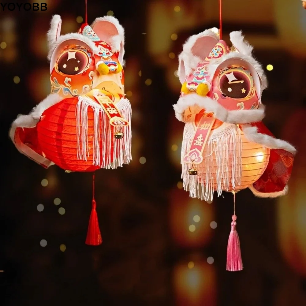 

Ancient Style Lion Dance Lantern DIY Material Package Paper Handheld Lantern with Tassel Blessing Chinese New Year Lantern