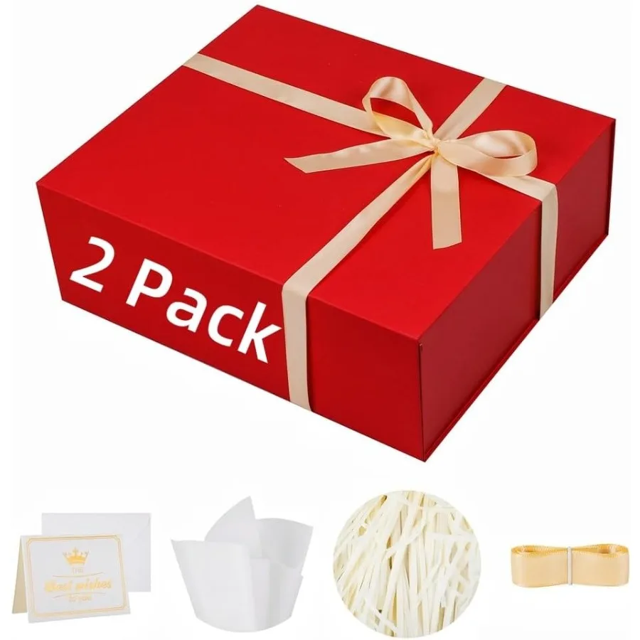 Paquete de 2 cajas de regalo rojas extragrandes, caja de regalo de lujo de 17x14,5x6 pulgadas para regalos con tapa de cierre magnético, plegable, Ideal para Bir