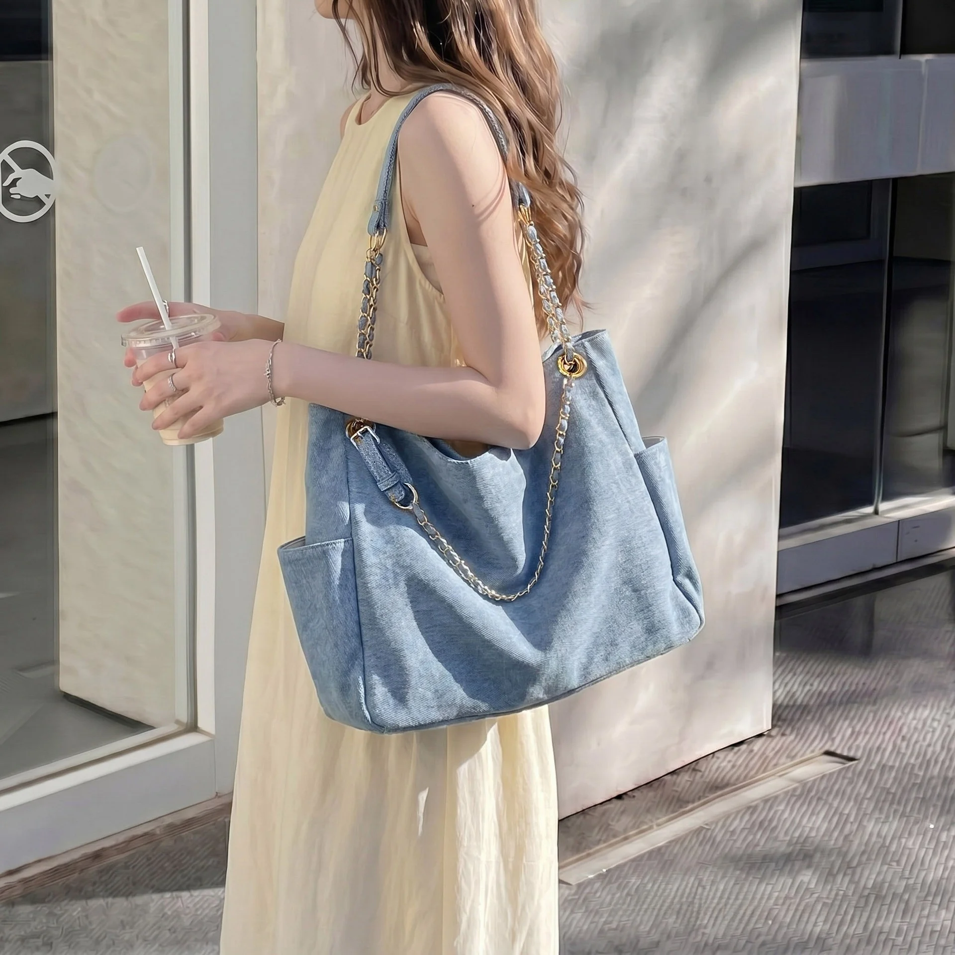 Washed Denim Shoulder Bag - Versatile Commuter - alternate angle