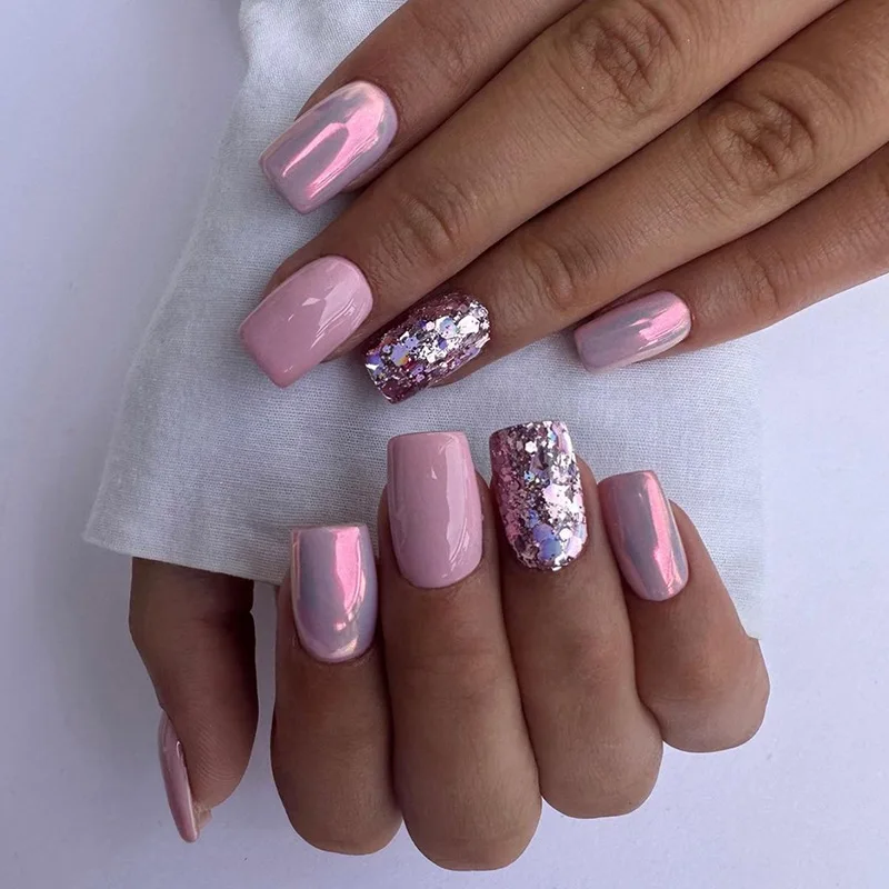 

24pcs Iridescent Press-On Nails - High-Shine Solid Color Medium Ballet Shape Minimalist Glam Style False Nail For Women Girl