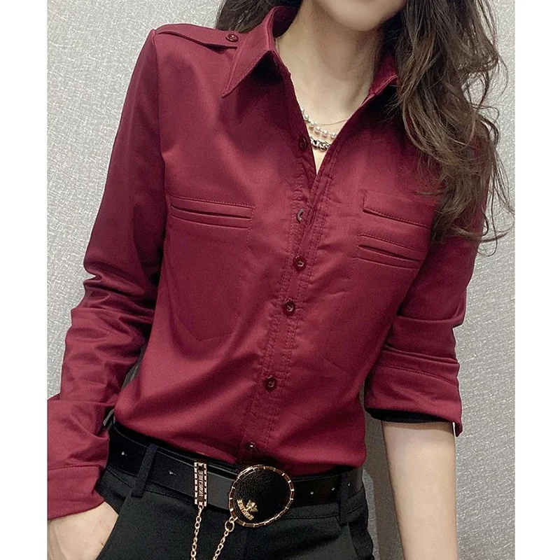 Office Lady Turn-down Collar Long Sleeve Blouse Spring Autumn Women\'s Clothing Solid Color Pockets Single Breasted Slim Shirt