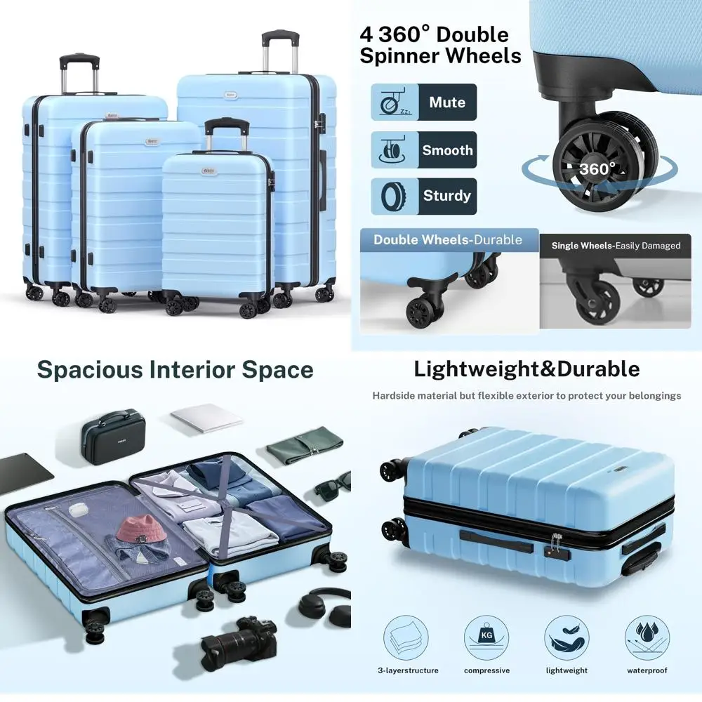 Conjunto de mala de viagem leve com 4 rodas giratórias duplas, trava TSA, conjunto de bagagem rígida de 20 ABS para 4 peças