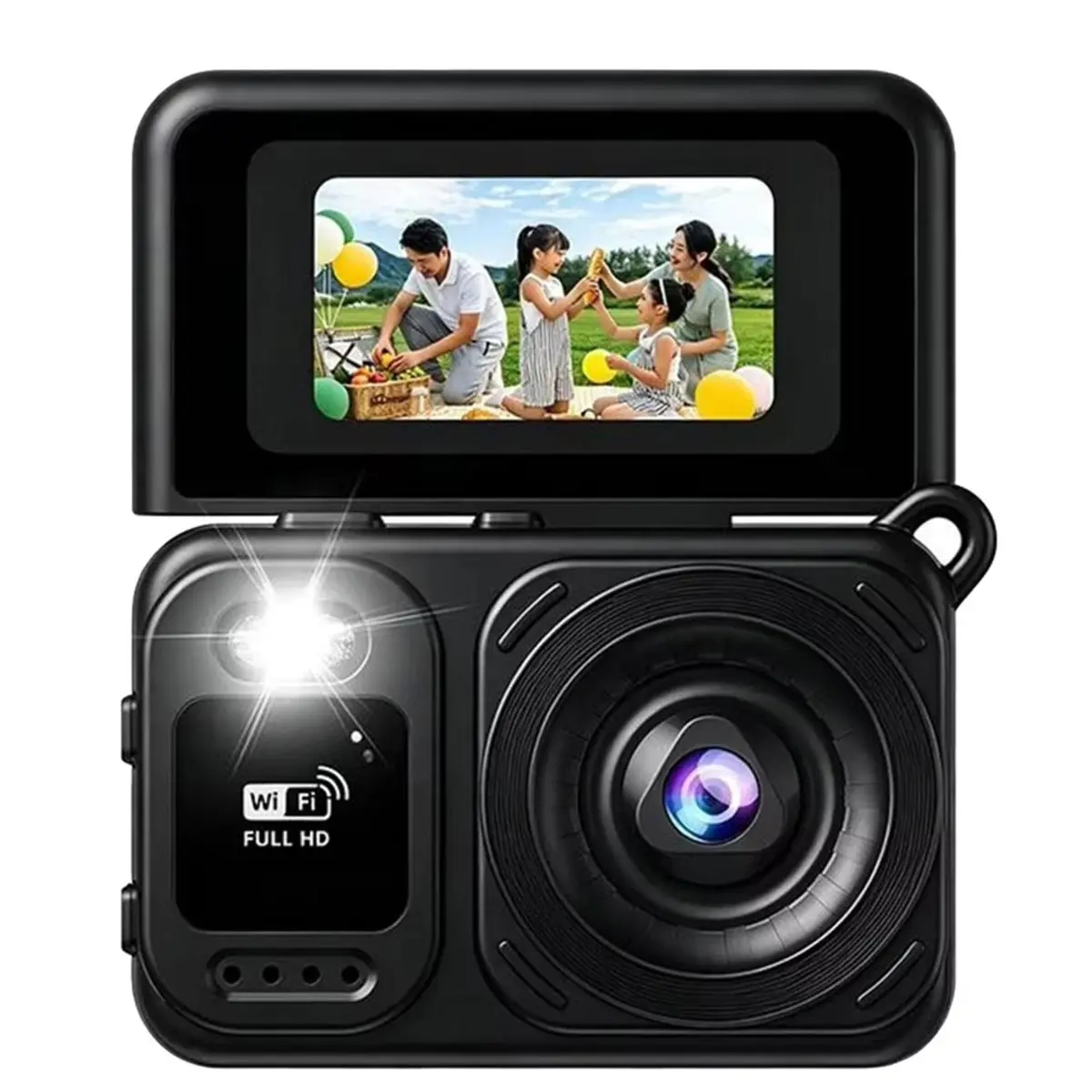 Retro Keychain 180° Rotating Screen Digital Camera 1080P HD Video Recording Portable Pocket Camera with Flash Black